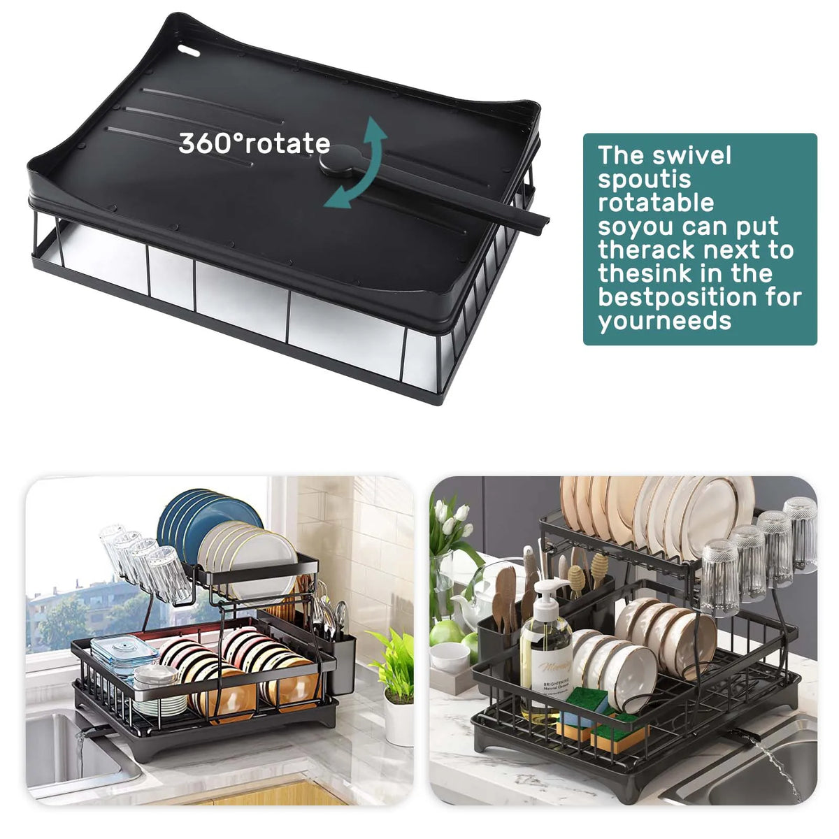 Two Tier Metal Dish Drying Rack For Kitchen Countertops Removable
