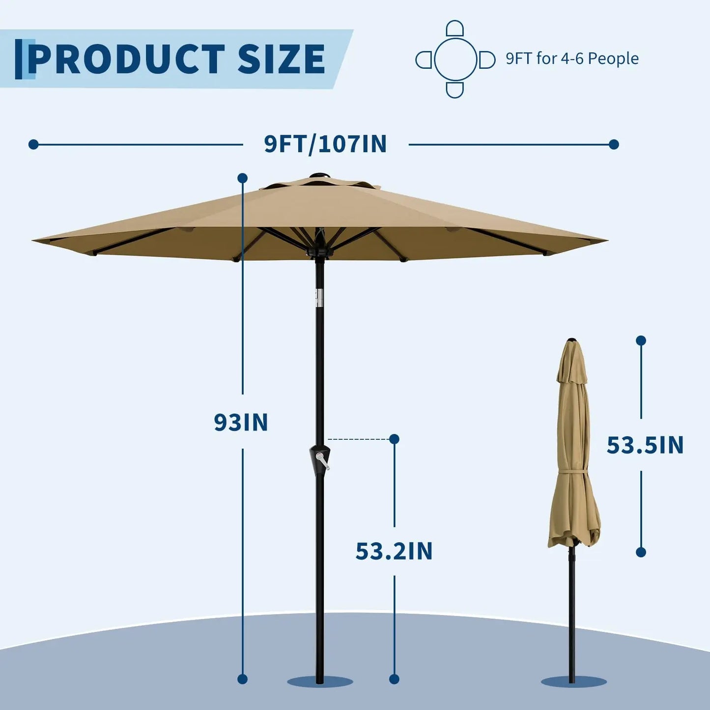 Outdoor Patio Umbrella Crank Lift Push Tilt 8 Ribs