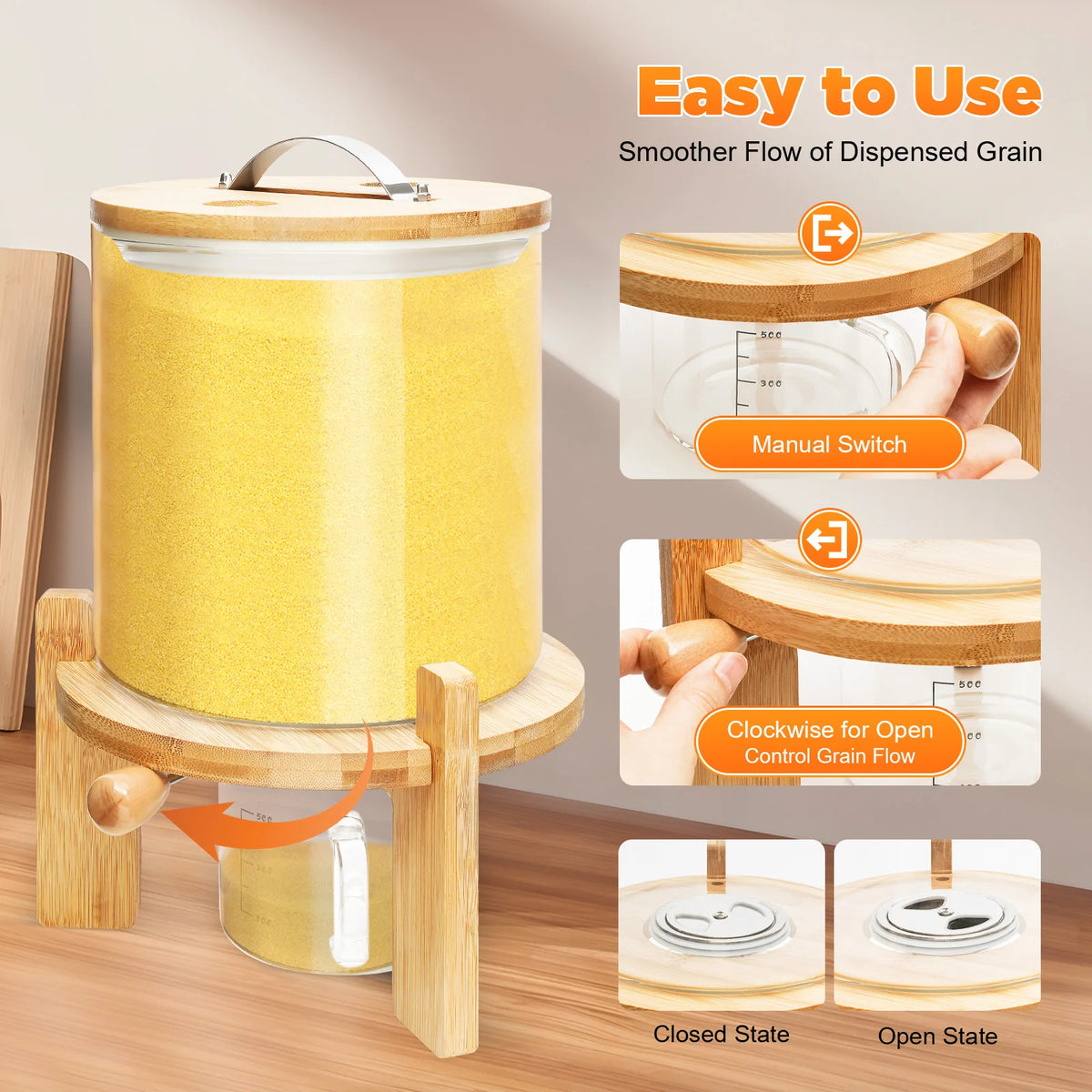 Airtight Glass Dry Food Storage Container With Round Bamboo Lid