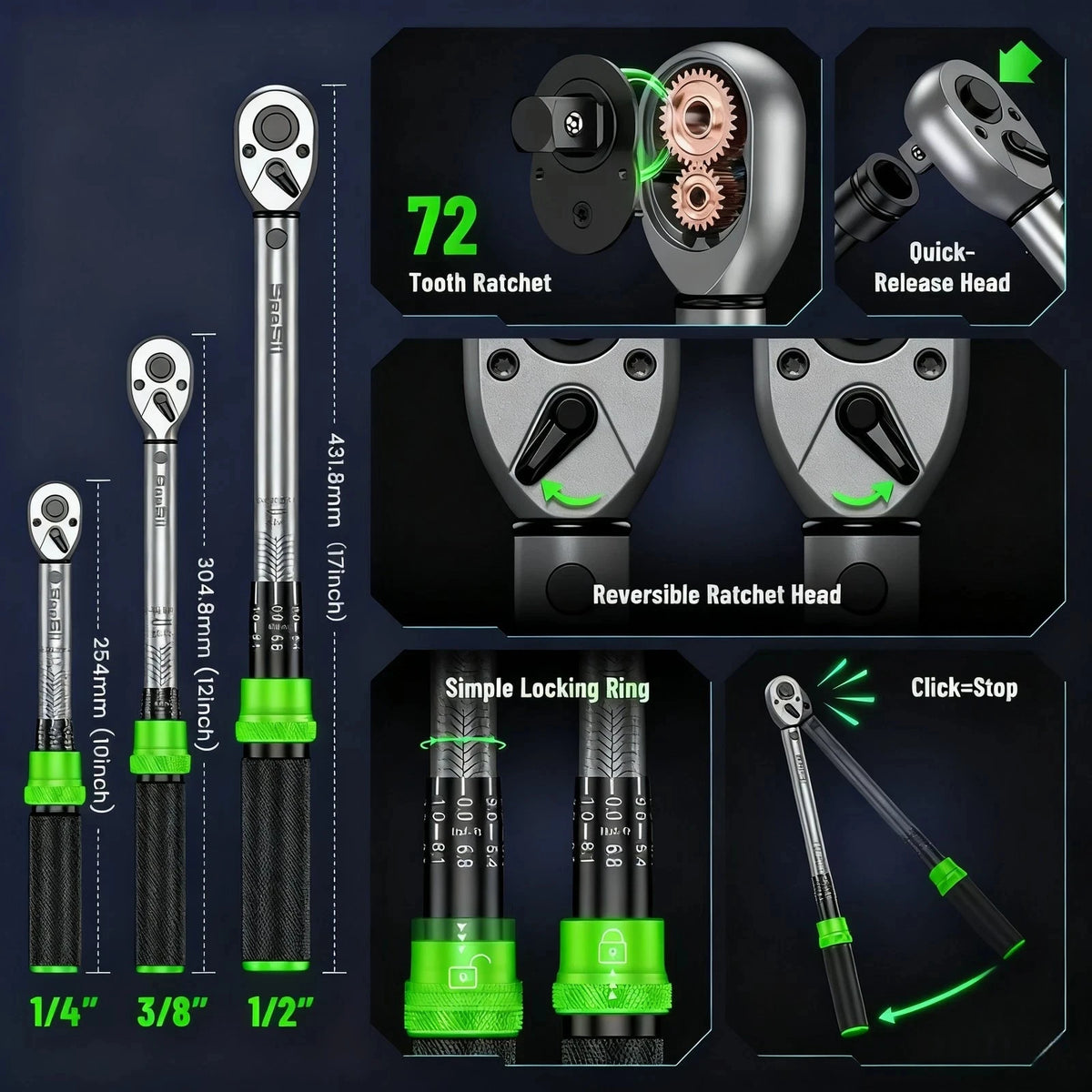 3 Piece Torque Wrench Set Click Type Dual Scale Wrenches