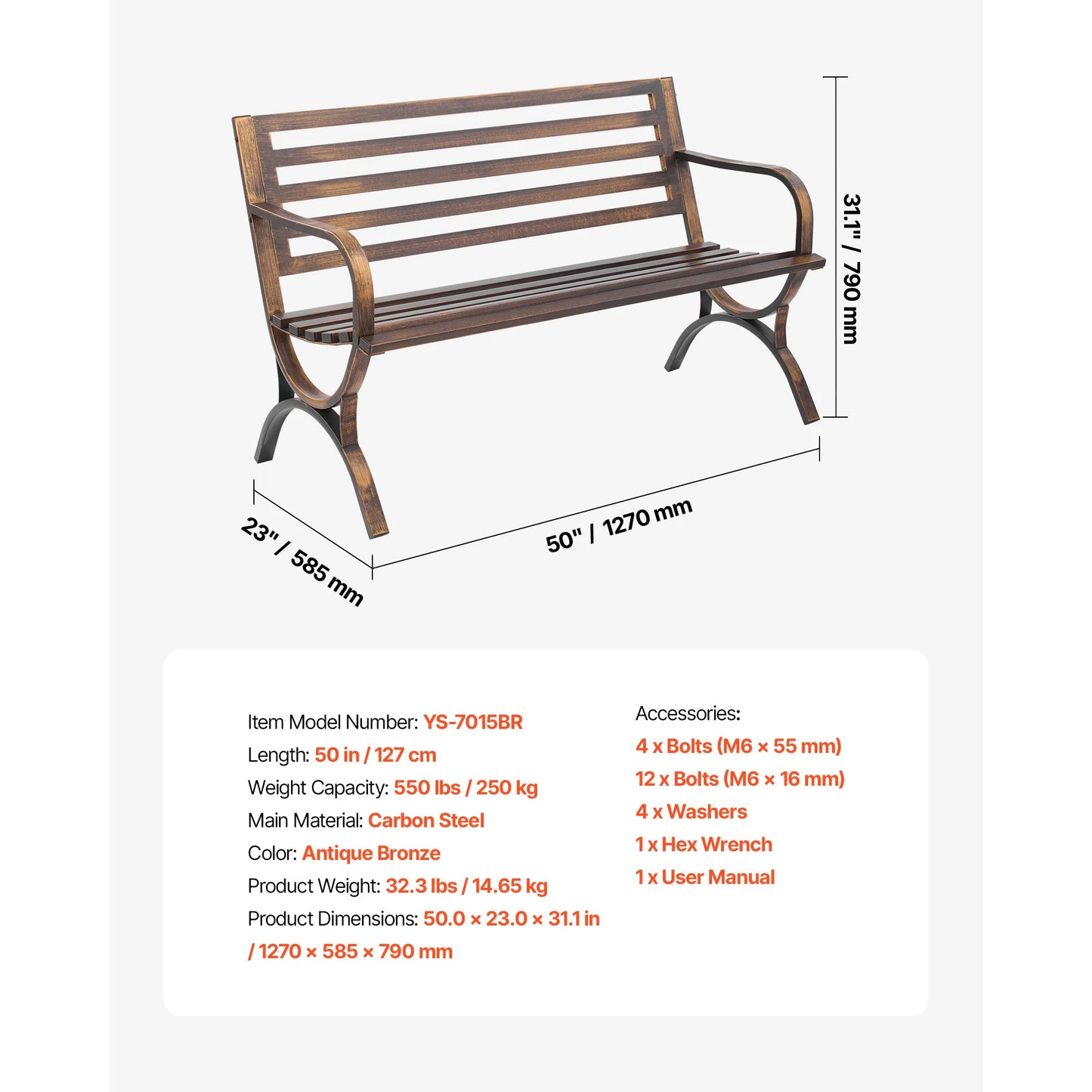 SucceBuy Outdoor Wood And Metal Garden Bench With 480 Lbs Capacity