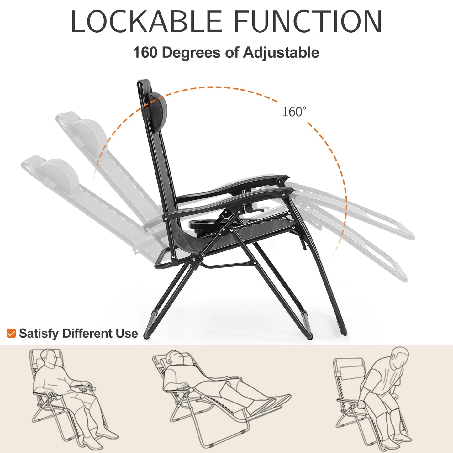 JHK Zero Gravity Portable Recliner Lounge Chair With Cup Holders