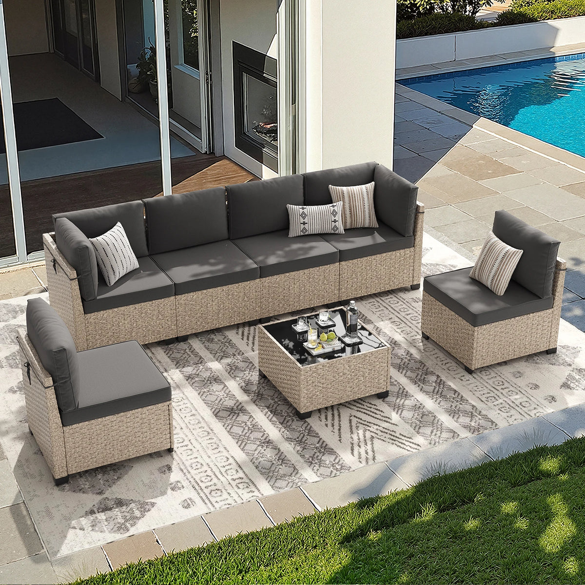 Outdoor Rattan Patio Furniture Set With Glass Table All Weather Garden