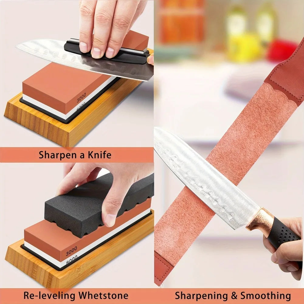 Knife Sharpening Whetstones Set With Bamboo Base 400/1000/3000/8000 Grit
