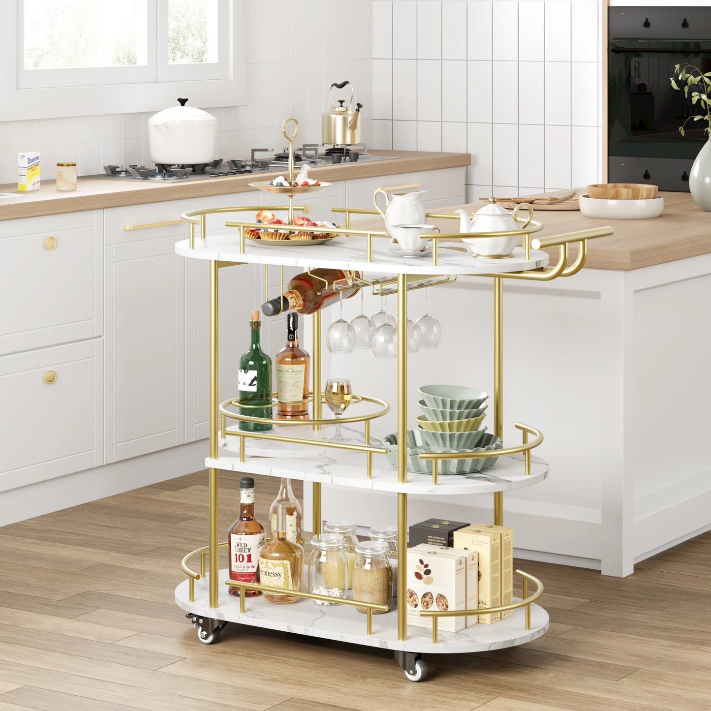 TWISTER.CK Bar Cart 4 Tier Storage On Wheels With Wine Rack Glass Holder