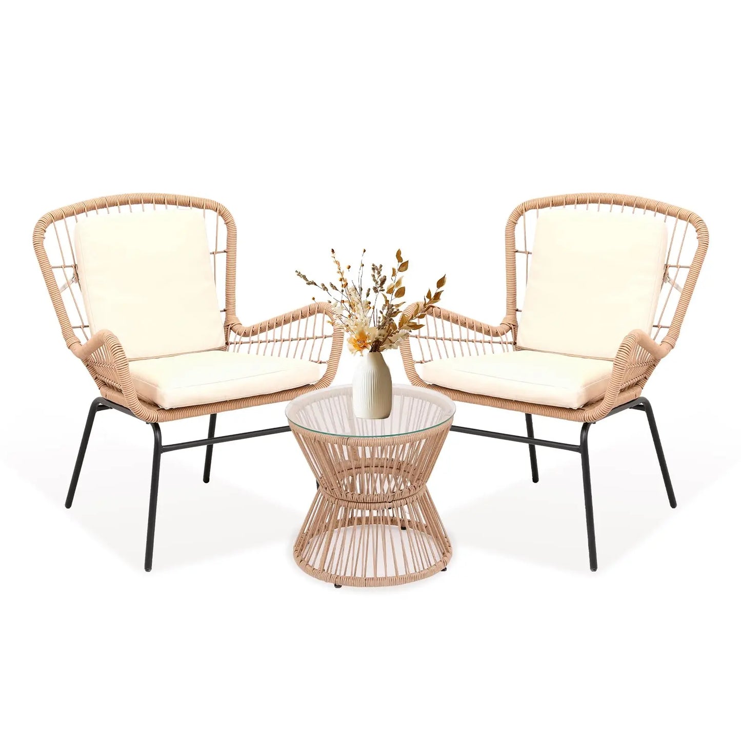 HobbyLane 3 Piece Outdoor Patio Furniture Set With PE Rattan And Glass Table