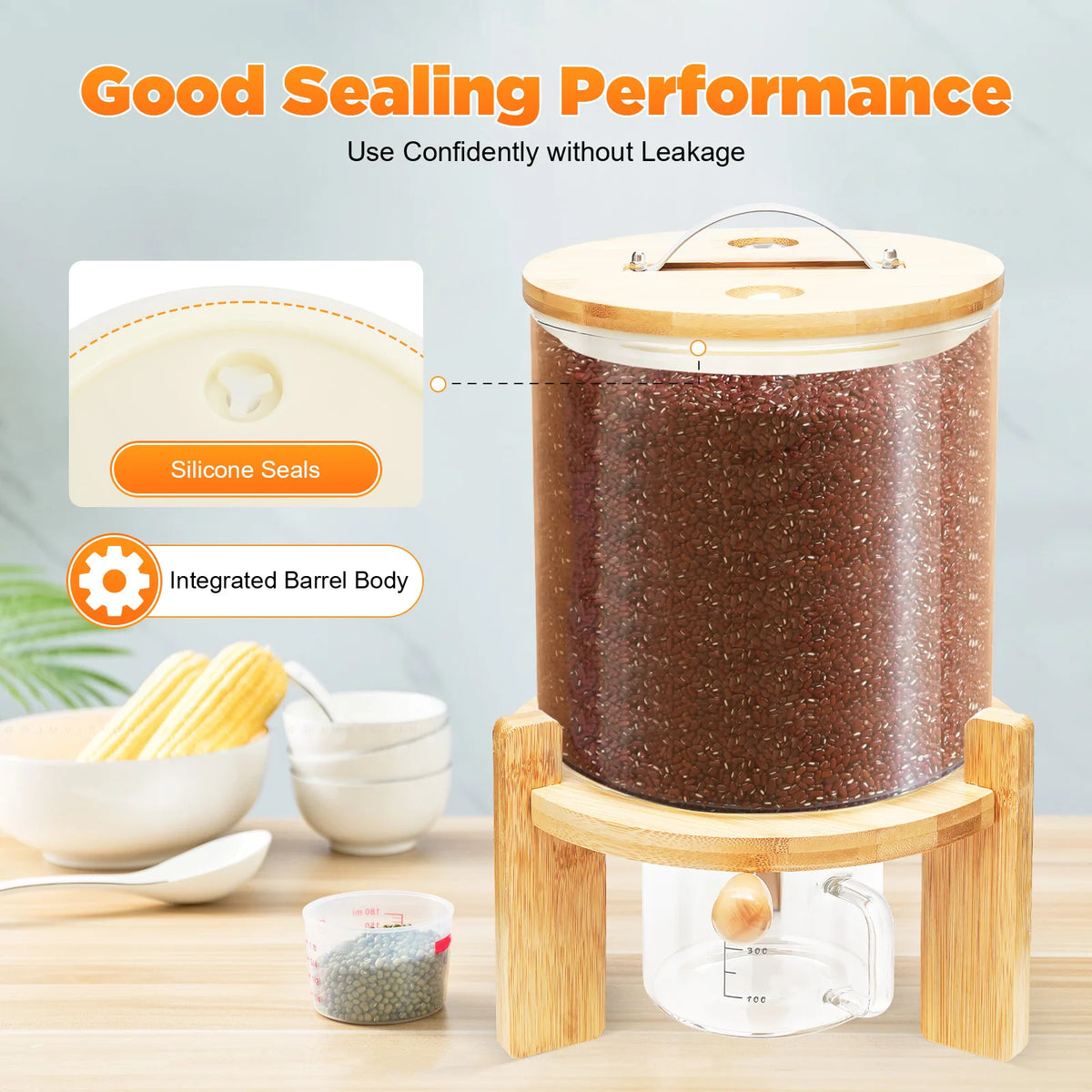Airtight Glass Dry Food Storage Container With Round Bamboo Lid