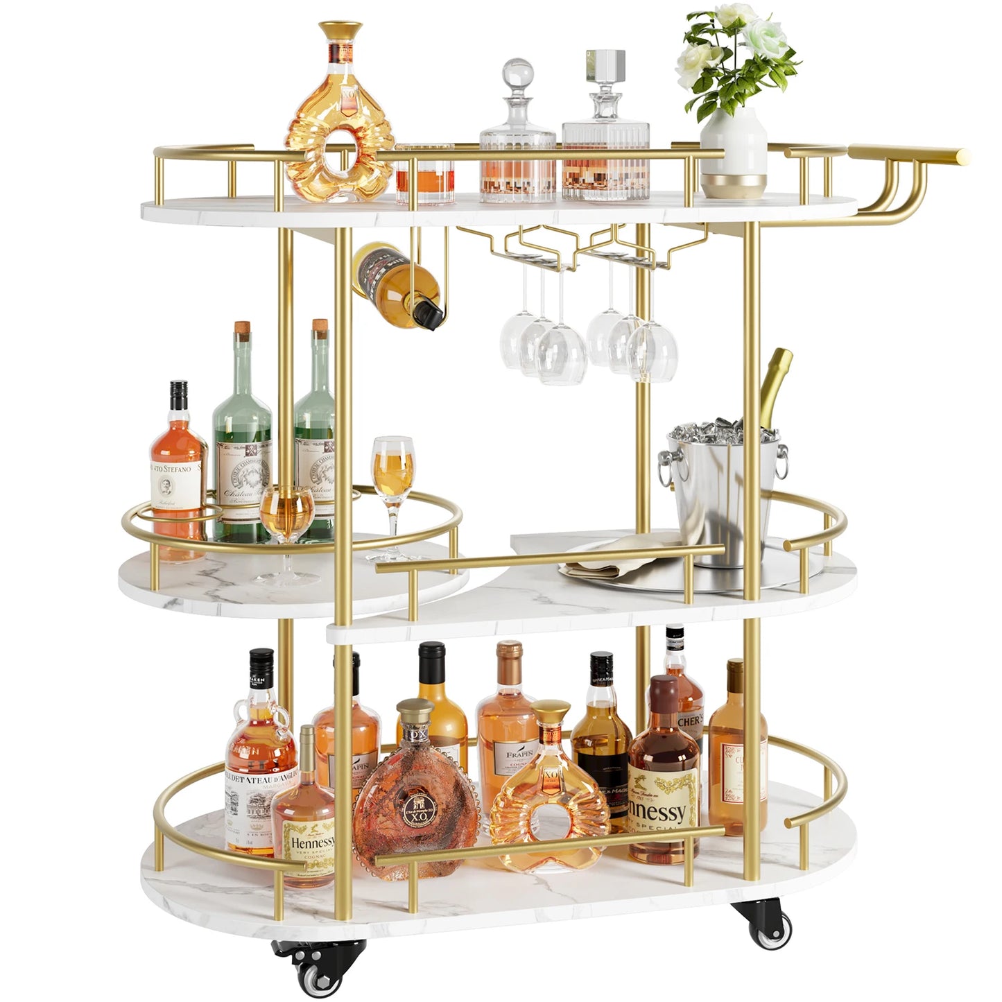 TWISTER.CK Bar Cart 4 Tier Storage On Wheels With Wine Rack Glass Holder