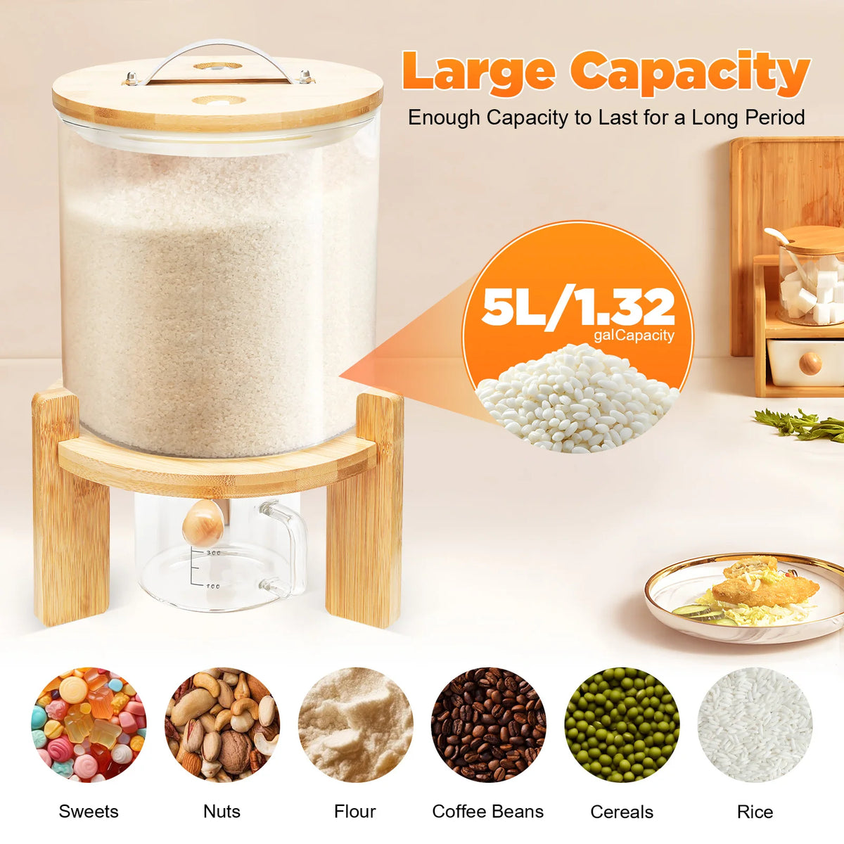 Airtight Glass Dry Food Storage Container With Round Bamboo Lid