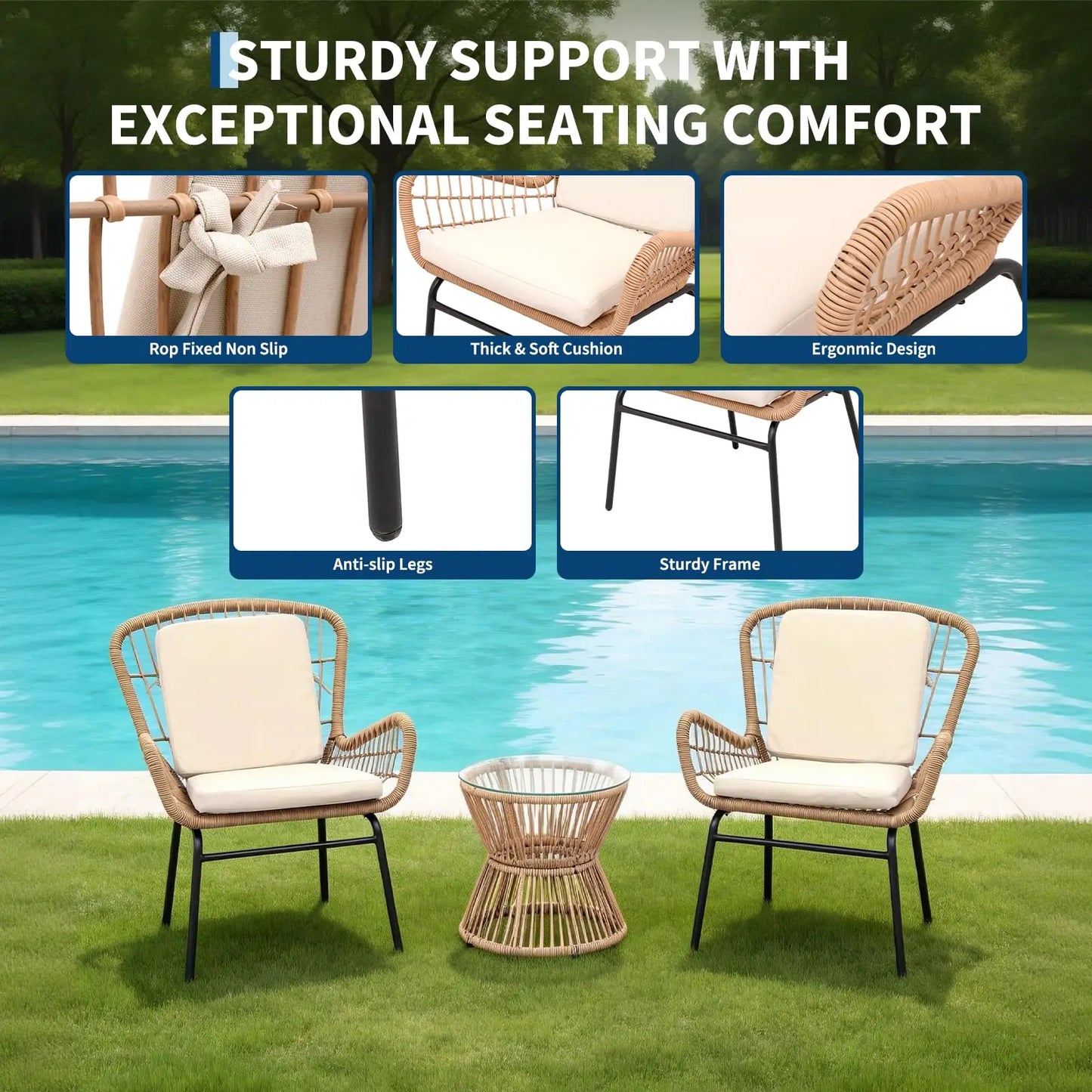 HobbyLane 3 Piece Outdoor Patio Furniture Set With PE Rattan And Glass Table