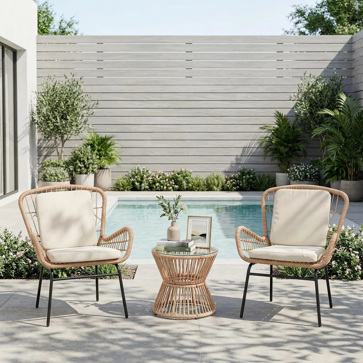 HobbyLane 3 Piece Outdoor Patio Furniture Set With PE Rattan And Glass Table