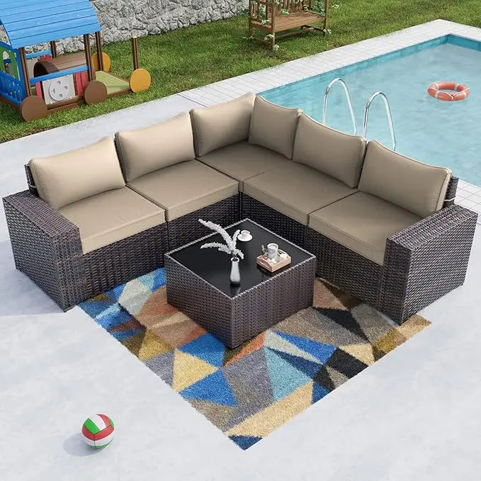 XIUWO 7 Piece Outdoor Patio Furniture Set Rattan Sectional Sofa Coffee Table