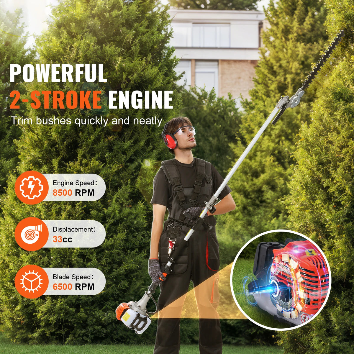 SucceBuy 33cc Gas Hedge Trimmer 6 In 1 Tool Set With Brush Cutter