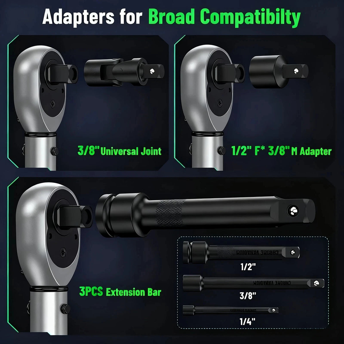 3 Piece Torque Wrench Set Click Type Dual Scale Wrenches