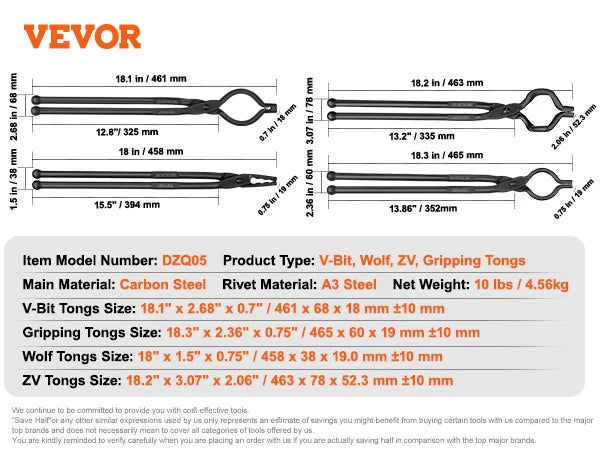 SucceBuy Blacksmith Tongs V Bit Wolf Jaw Tongs Carbon Steel Forge Tongs
