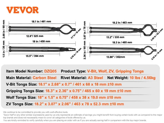 SucceBuy Blacksmith Tongs V Bit Wolf Jaw Tongs Carbon Steel Forge Tongs