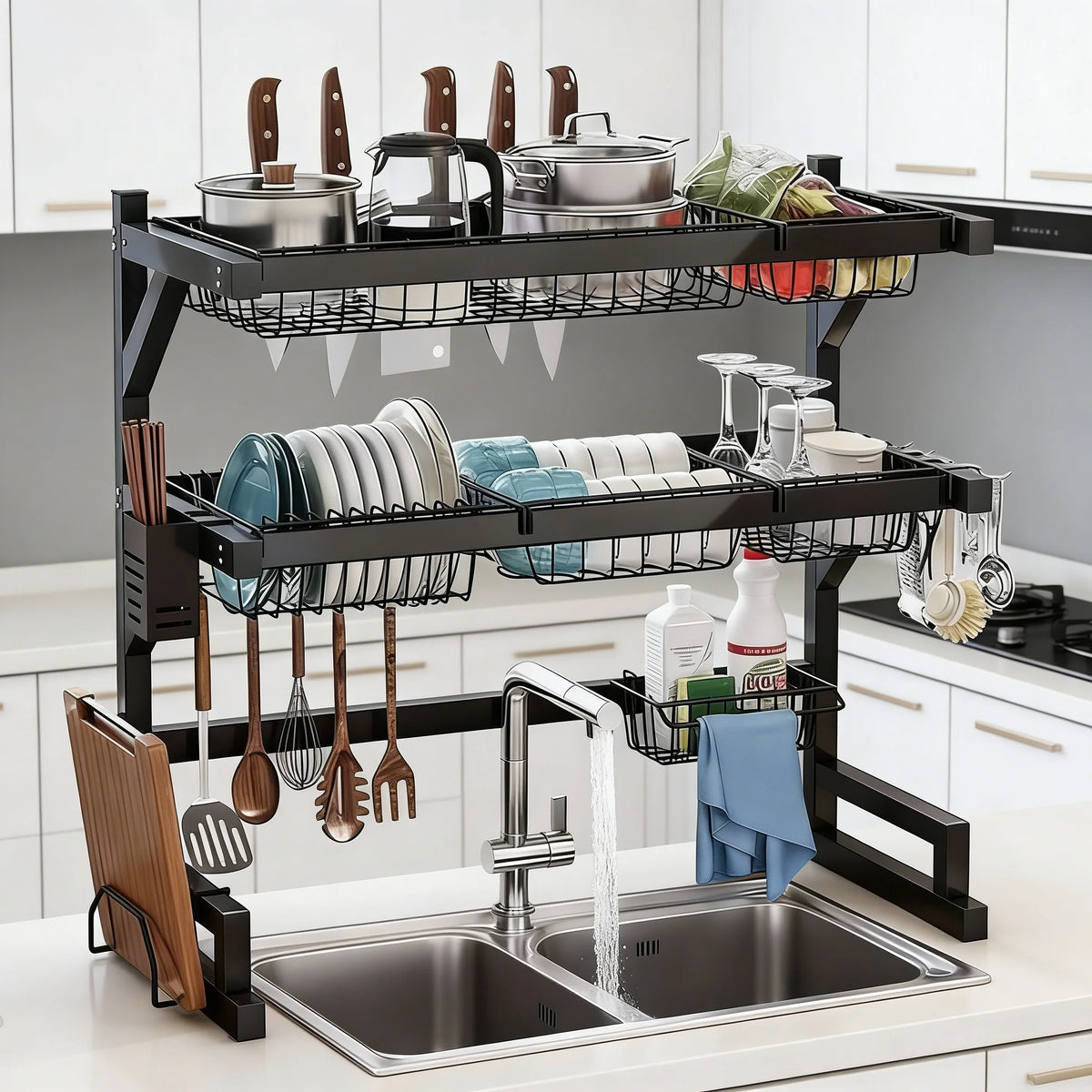 Space Saving Over Sink Dish Drying Rack With Utensil Holder