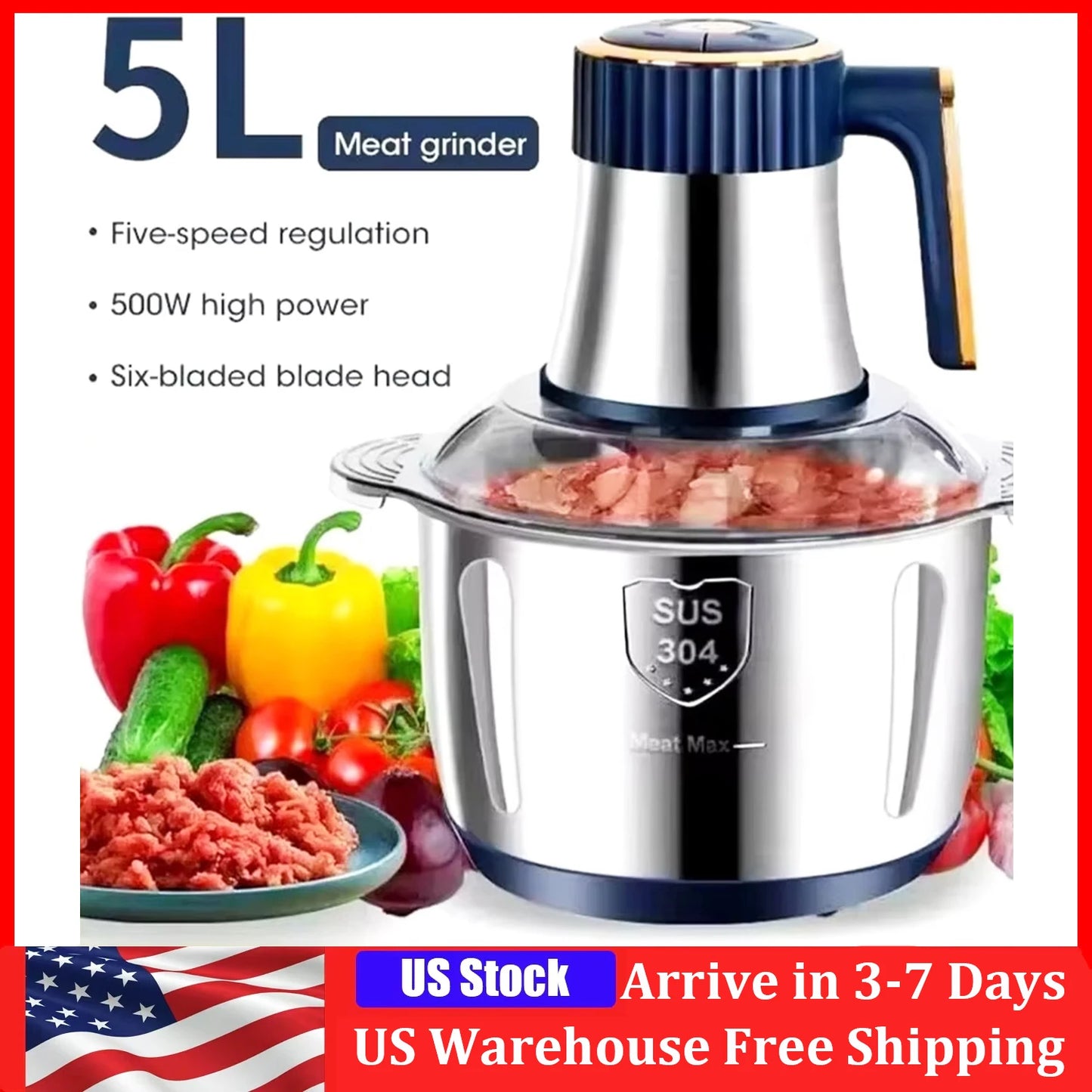 Electric Meat Grinder Vegetable Slicer Chopper 304 Stainless Steel Processor