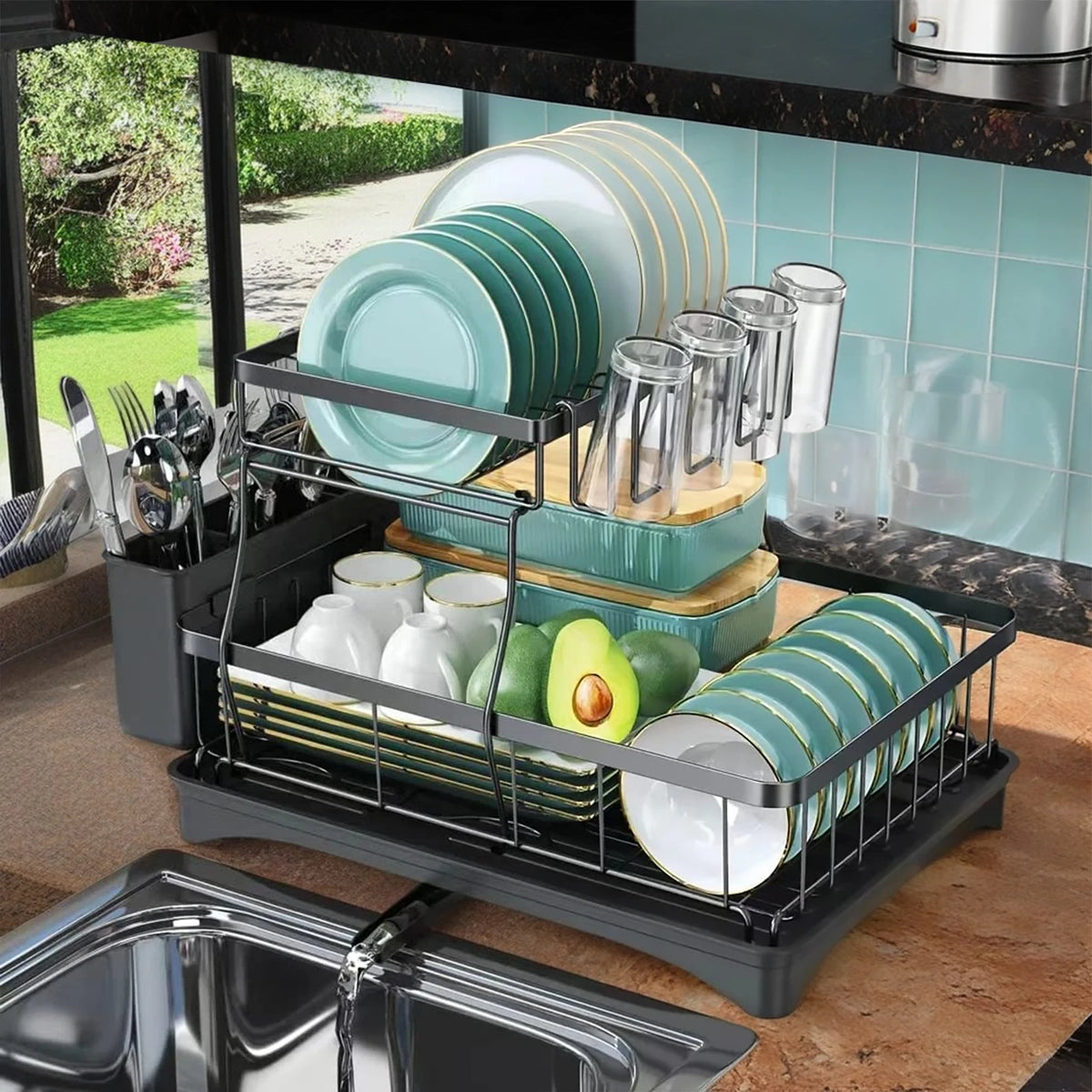 Two Tier Metal Dish Drying Rack For Kitchen Countertops Removable