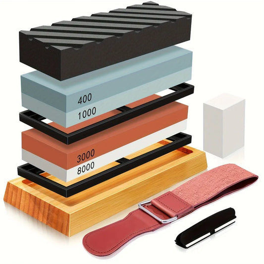Knife Sharpening Whetstones Set With Bamboo Base 400/1000/3000/8000 Grit