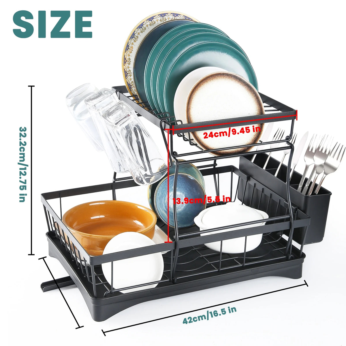 Two Tier Metal Dish Drying Rack For Kitchen Countertops Removable