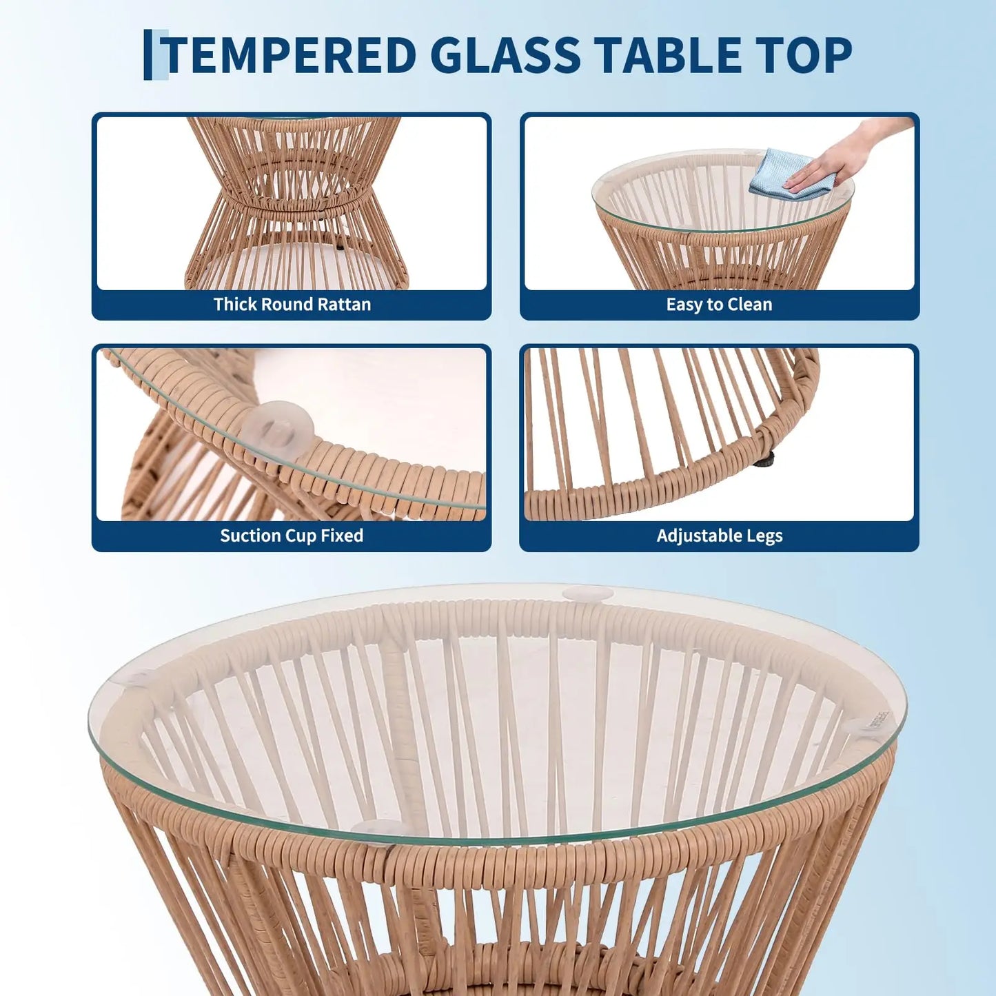 HobbyLane 3 Piece Outdoor Patio Furniture Set With PE Rattan And Glass Table