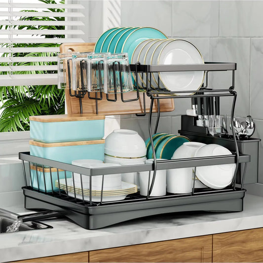 Two Tier Metal Dish Drying Rack For Kitchen Countertops Removable