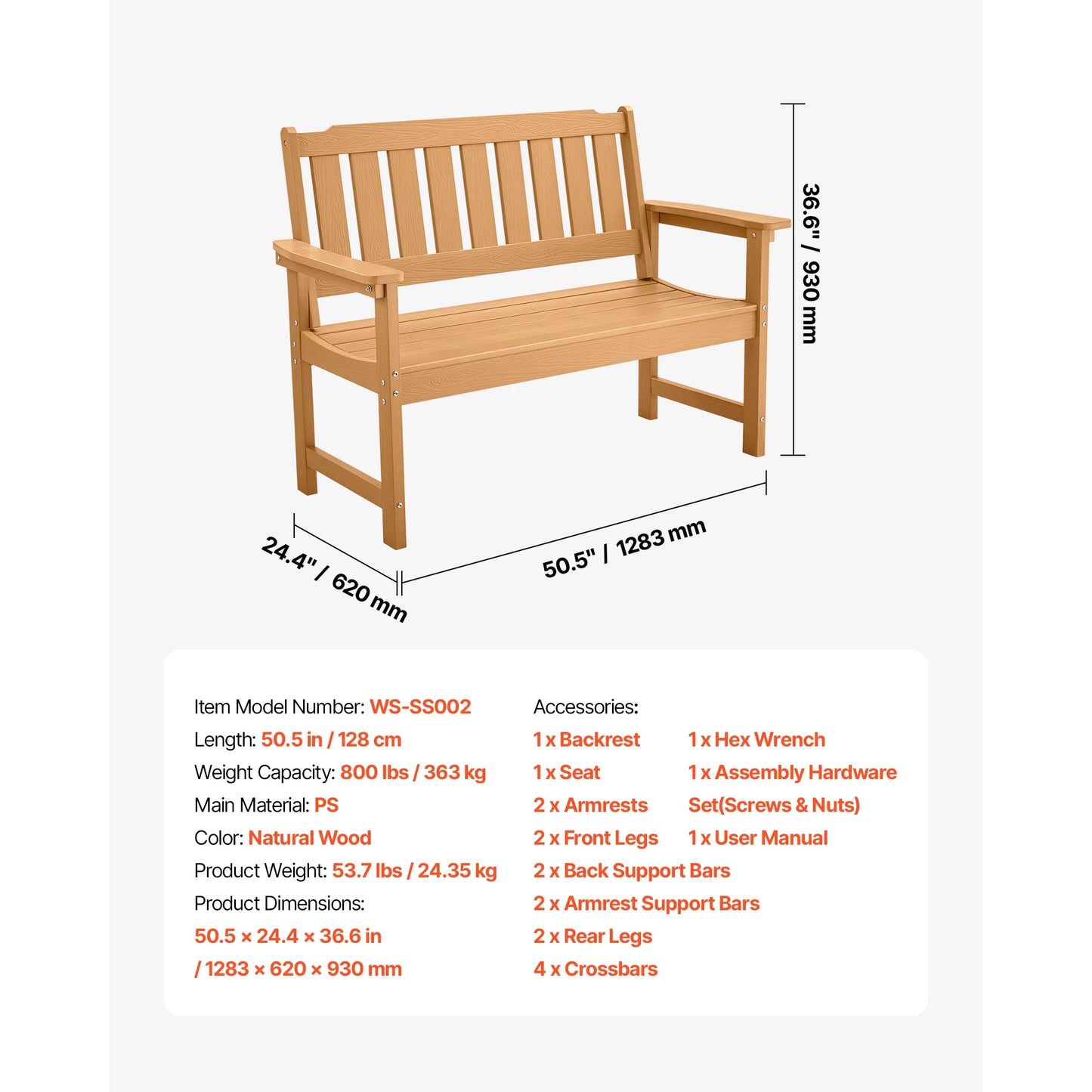 SucceBuy Outdoor Wood And Metal Garden Bench With 480 Lbs Capacity