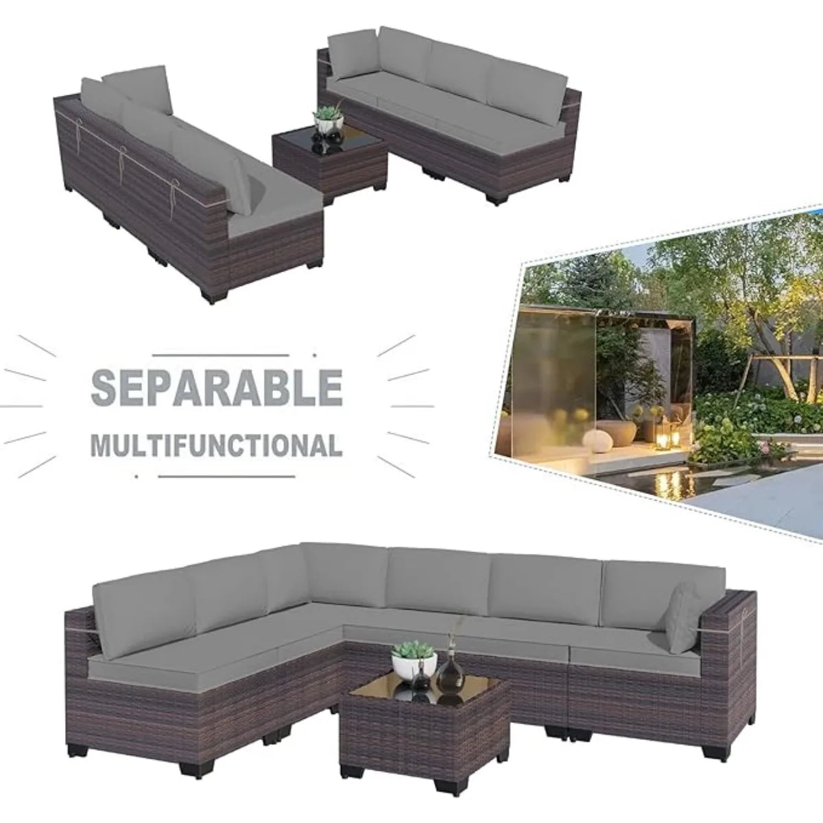 XIUWO 7 Piece Outdoor Patio Furniture Set Rattan Sectional Sofa Coffee Table