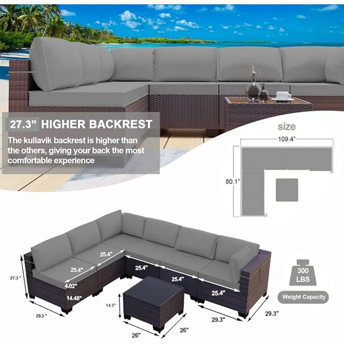 XIUWO 7 Piece Outdoor Patio Furniture Set Rattan Sectional Sofa Coffee Table