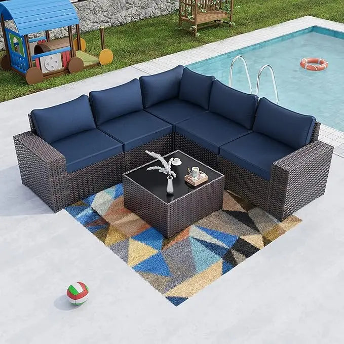 XIUWO 7 Piece Outdoor Patio Furniture Set Rattan Sectional Sofa Coffee Table