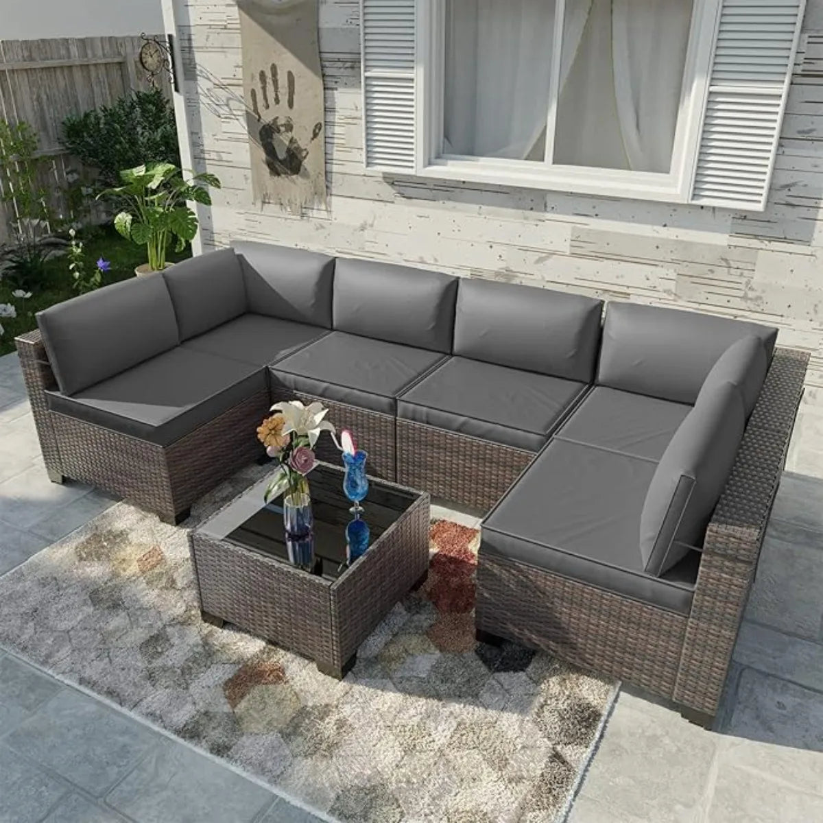 XIUWO 7 Piece Outdoor Patio Furniture Set Rattan Sectional Sofa Coffee Table