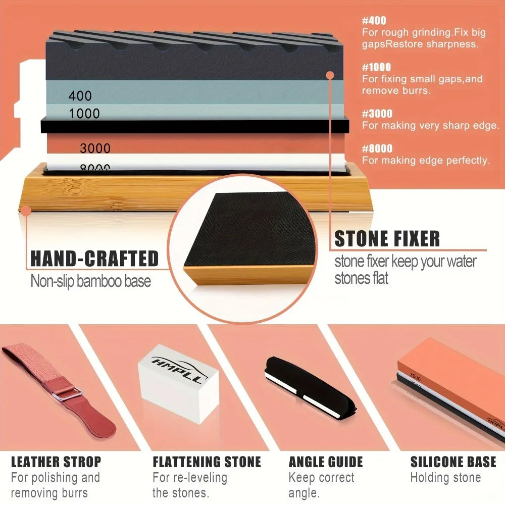 Knife Sharpening Whetstones Set With Bamboo Base 400/1000/3000/8000 Grit