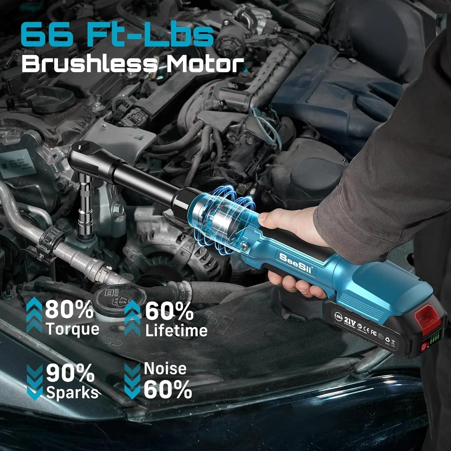 Seesii 21V Cordless Electric Ratchet Wrench 80Nm High Torque