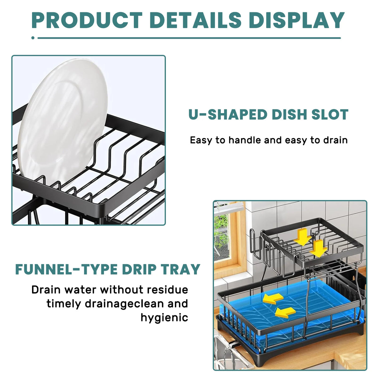 Two Tier Metal Dish Drying Rack For Kitchen Countertops Removable