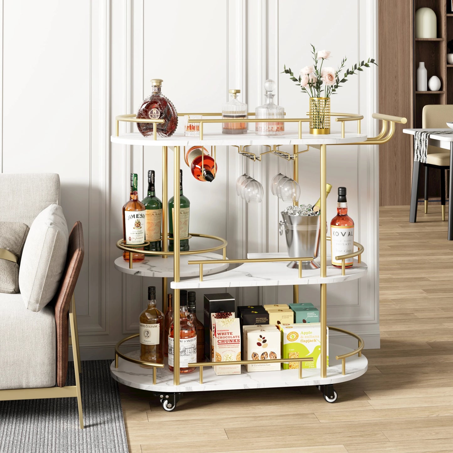 TWISTER.CK Bar Cart 4 Tier Storage On Wheels With Wine Rack Glass Holder