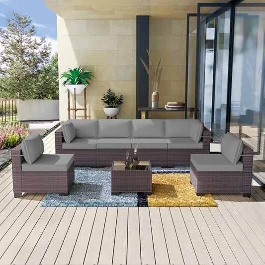 XIUWO 7 Piece Outdoor Patio Furniture Set Rattan Sectional Sofa Coffee Table