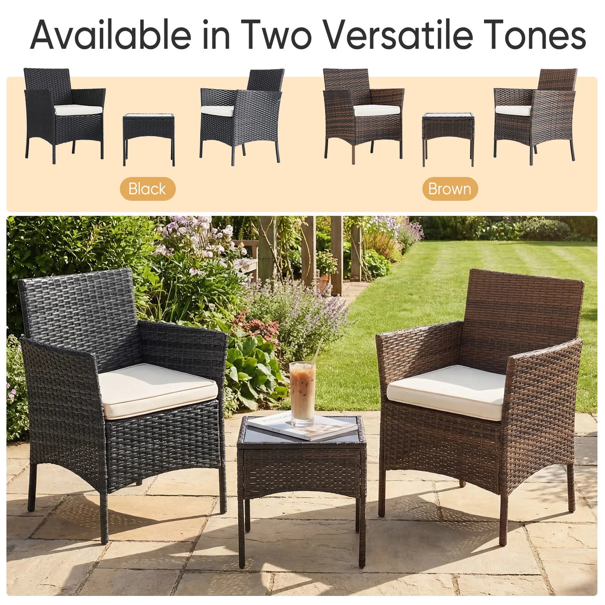 JHK Outdoor Patio Furniture Set Rattan Wicker Chairs With Table