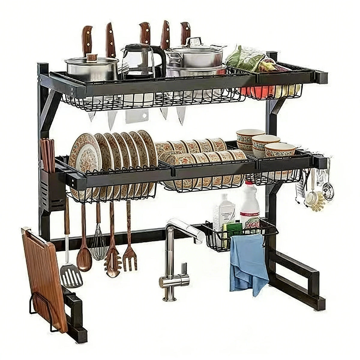 Space Saving Over Sink Dish Drying Rack With Utensil Holder