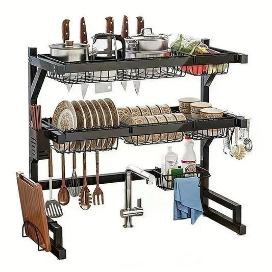 Space Saving Over Sink Dish Drying Rack With Utensil Holder