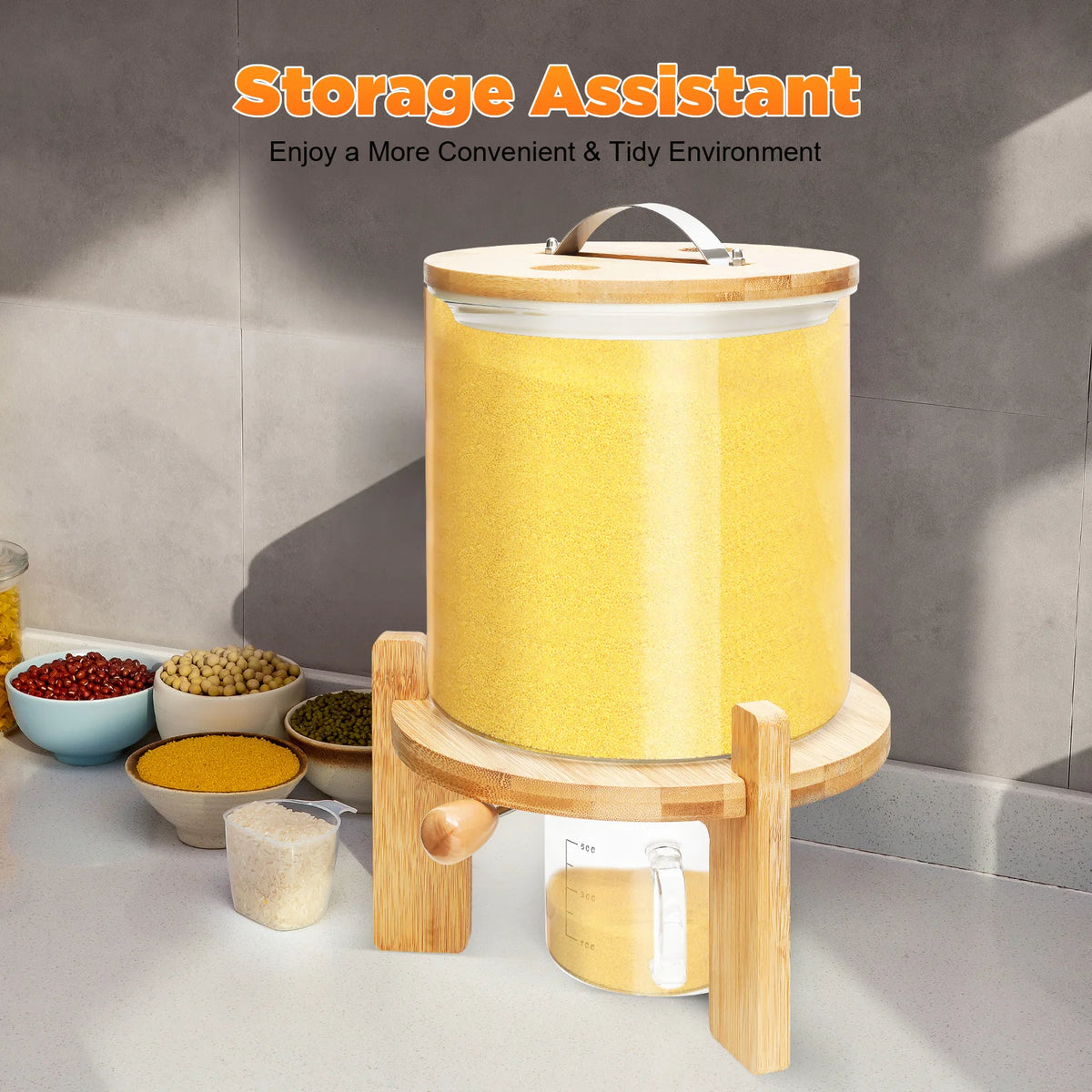 Airtight Glass Dry Food Storage Container With Round Bamboo Lid