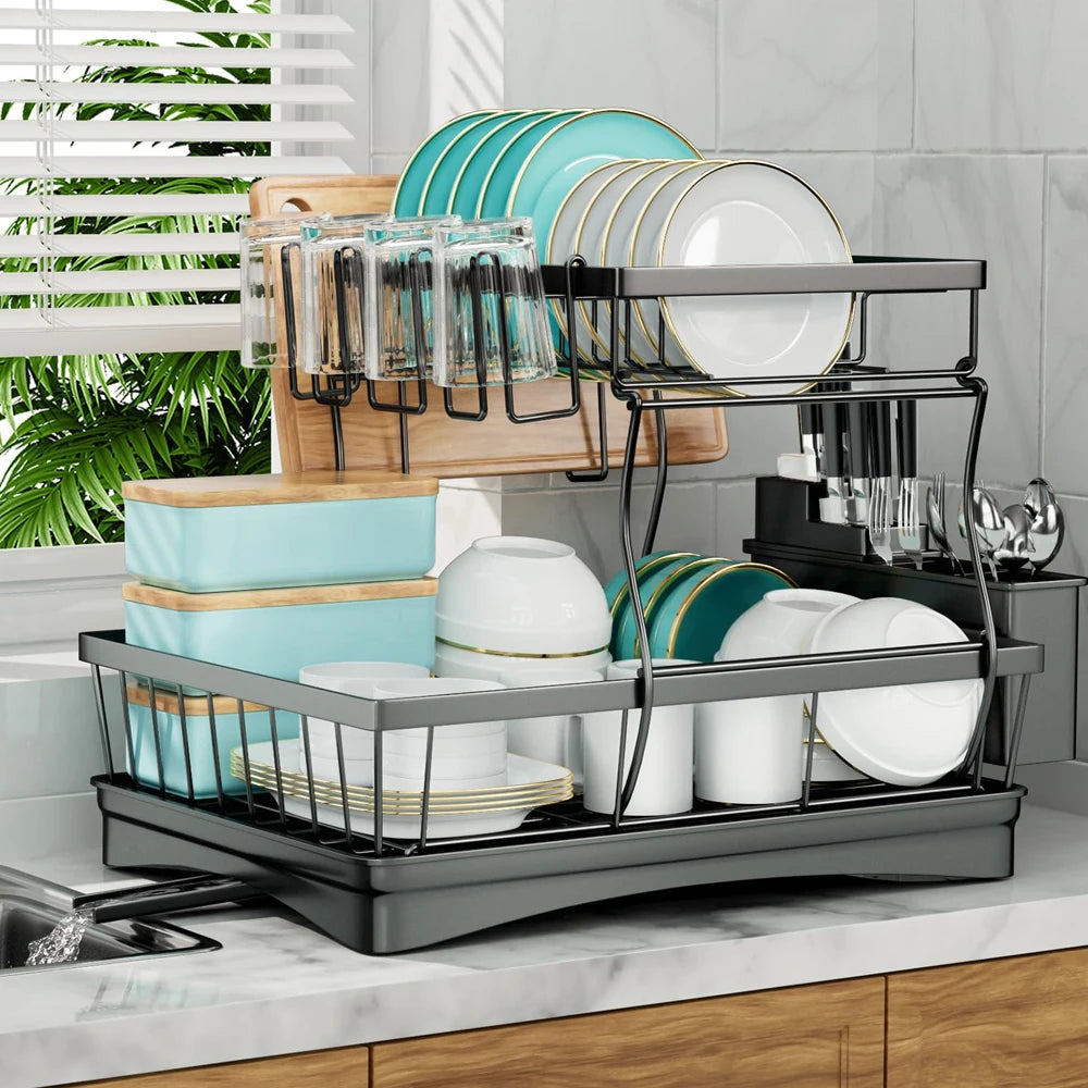 Two Tier Metal Dish Drying Rack For Kitchen Countertops Removable