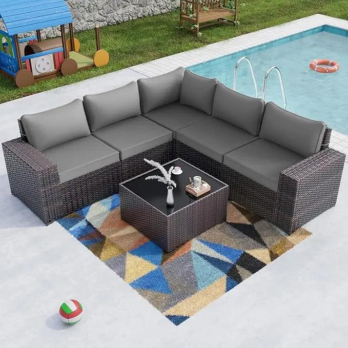 XIUWO 7 Piece Outdoor Patio Furniture Set Rattan Sectional Sofa Coffee Table