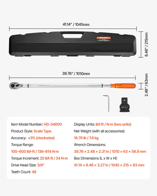 SucceBuy Click Torque Wrench Dual Direction 100-600 Lbf-Ft Alloy Steel