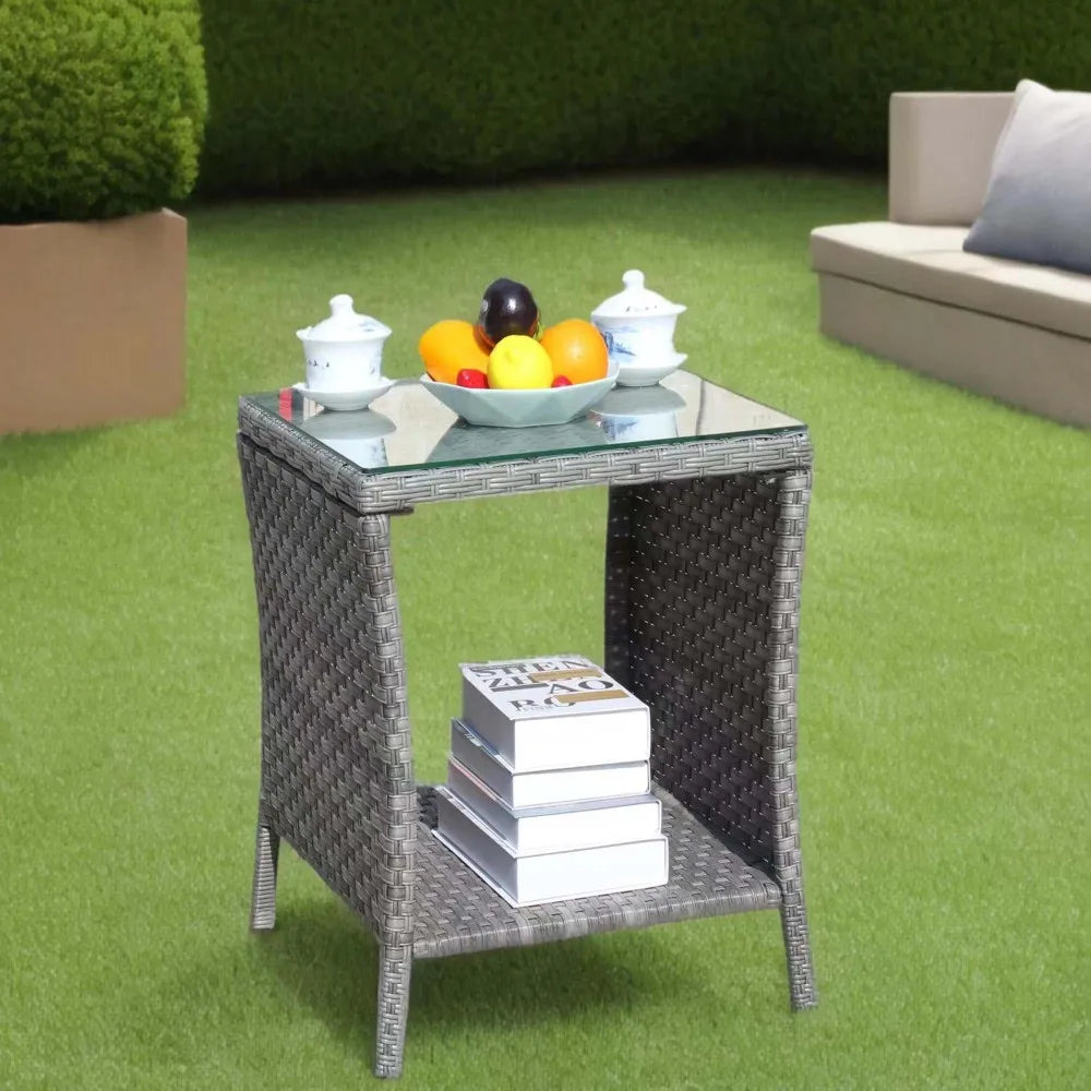 LISM Outdoor Patio Coffee Table Glass Top Rattan Furniture