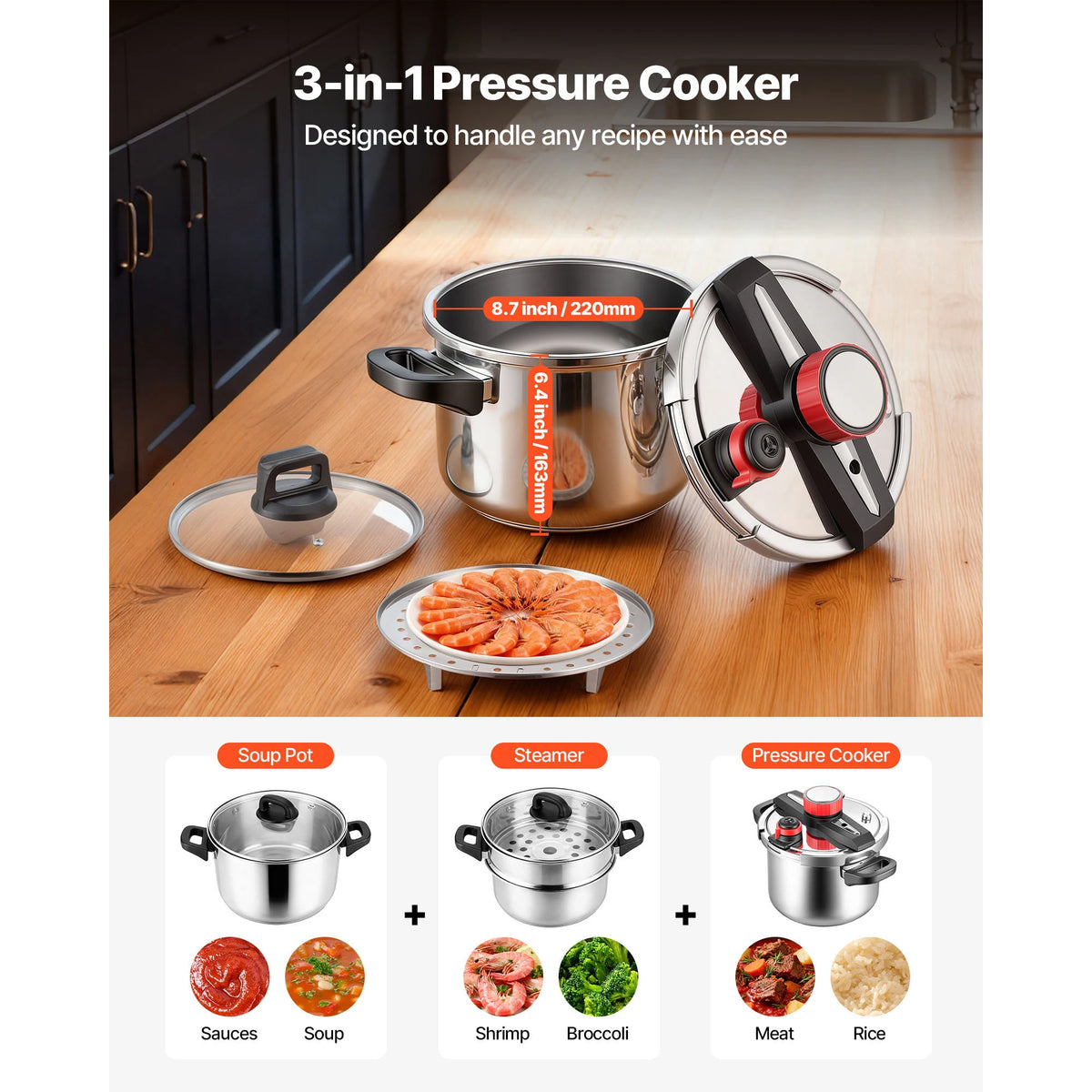 SucceBuy Stainless Steel Pressure Cooker With Steaming Rack Glass Lid