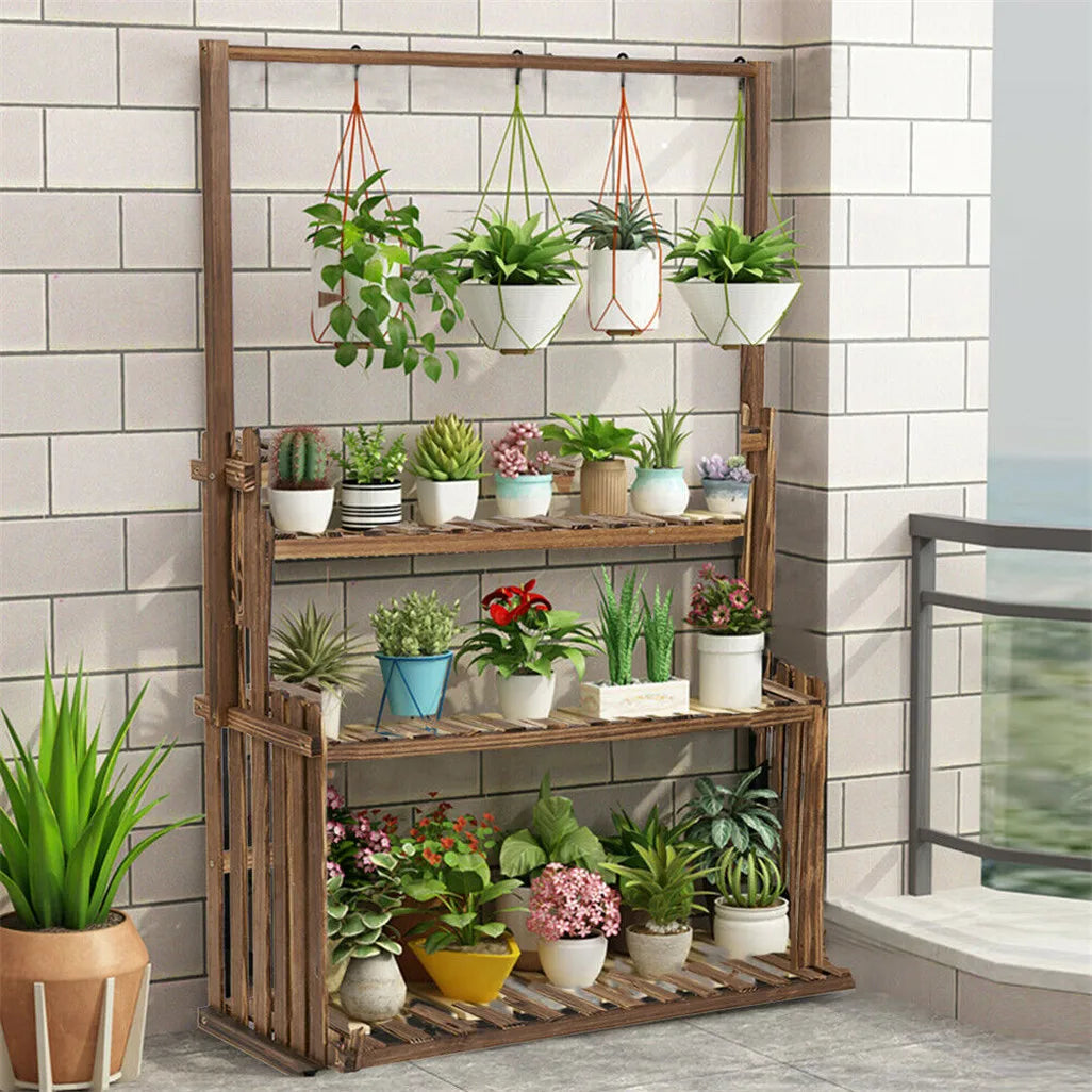 Heavy Duty Hanging Plant Stand Three Tier Wood Flower Rack