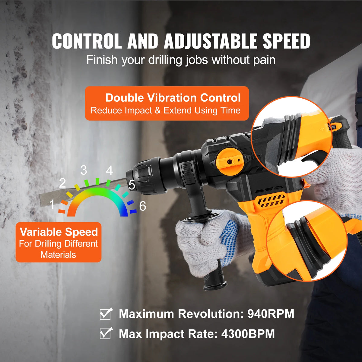 SucceBuy 1500W Rotary Hammer Drill With 4 Modes Corded Jackhammer
