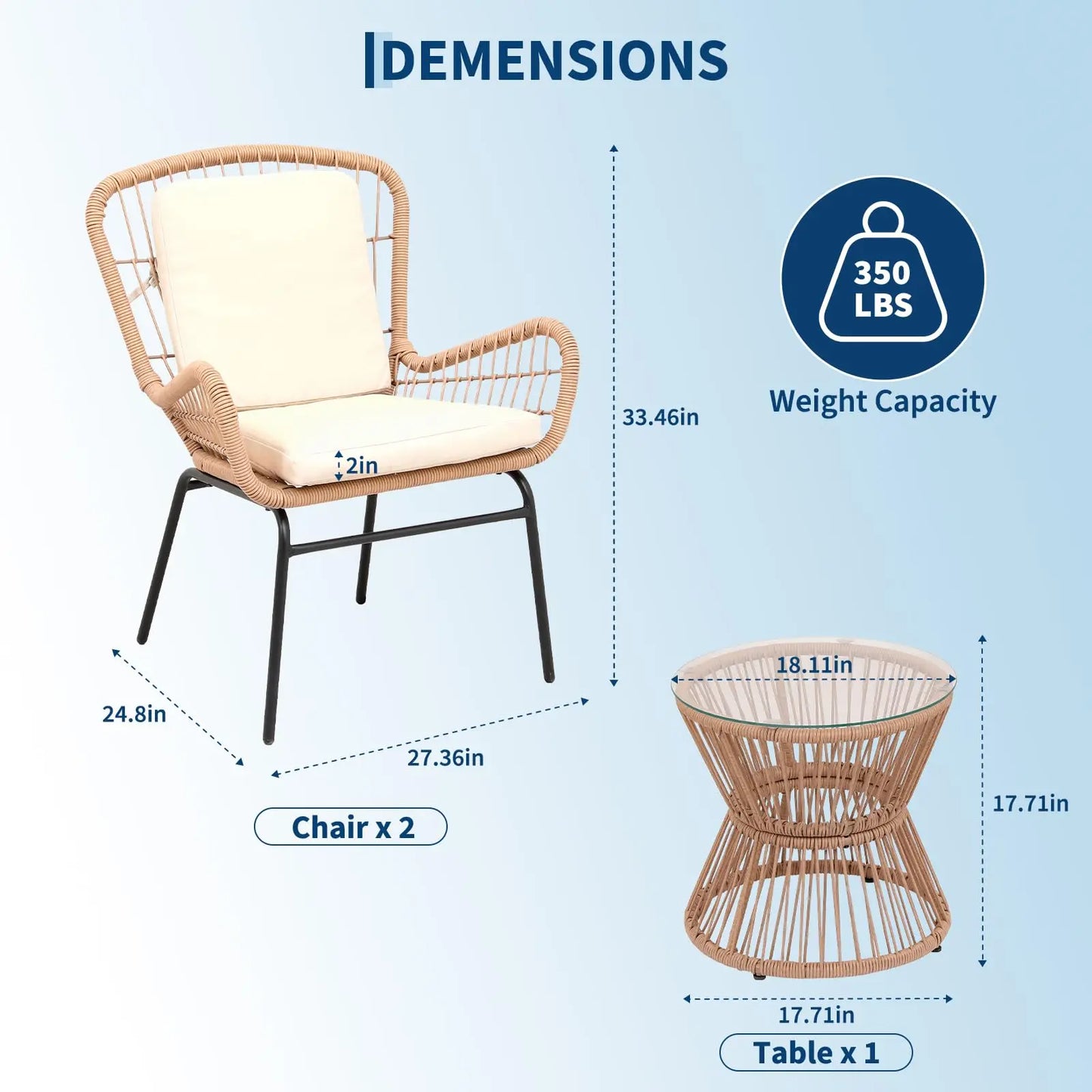 HobbyLane 3 Piece Outdoor Patio Furniture Set With PE Rattan And Glass Table