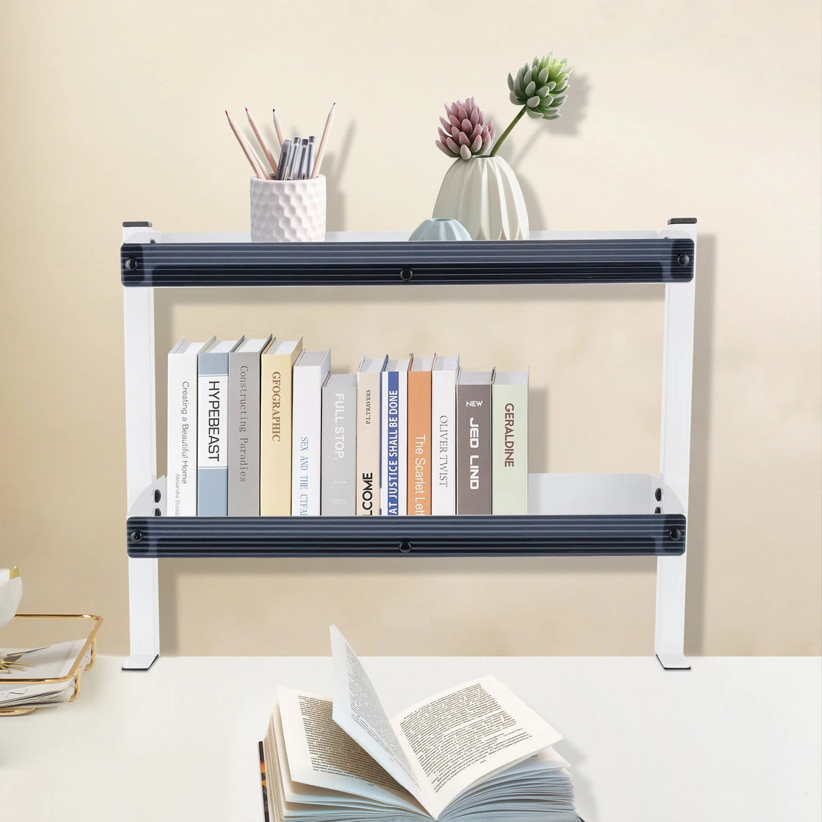 Clamp-On Desk Shelf 2-Tier Metal Corner Organizer For Home Office
